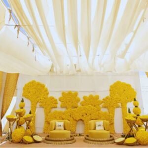 Colorful Haldi ceremony setup at Devam Greens in Gurgaon with traditional décor.