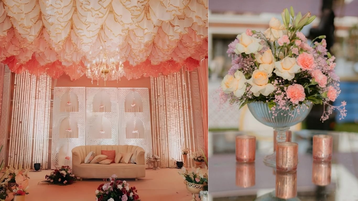 Floral Fantasy wedding décor at Devam Greens, Gurgaon with arches and pastel floral arrangements
