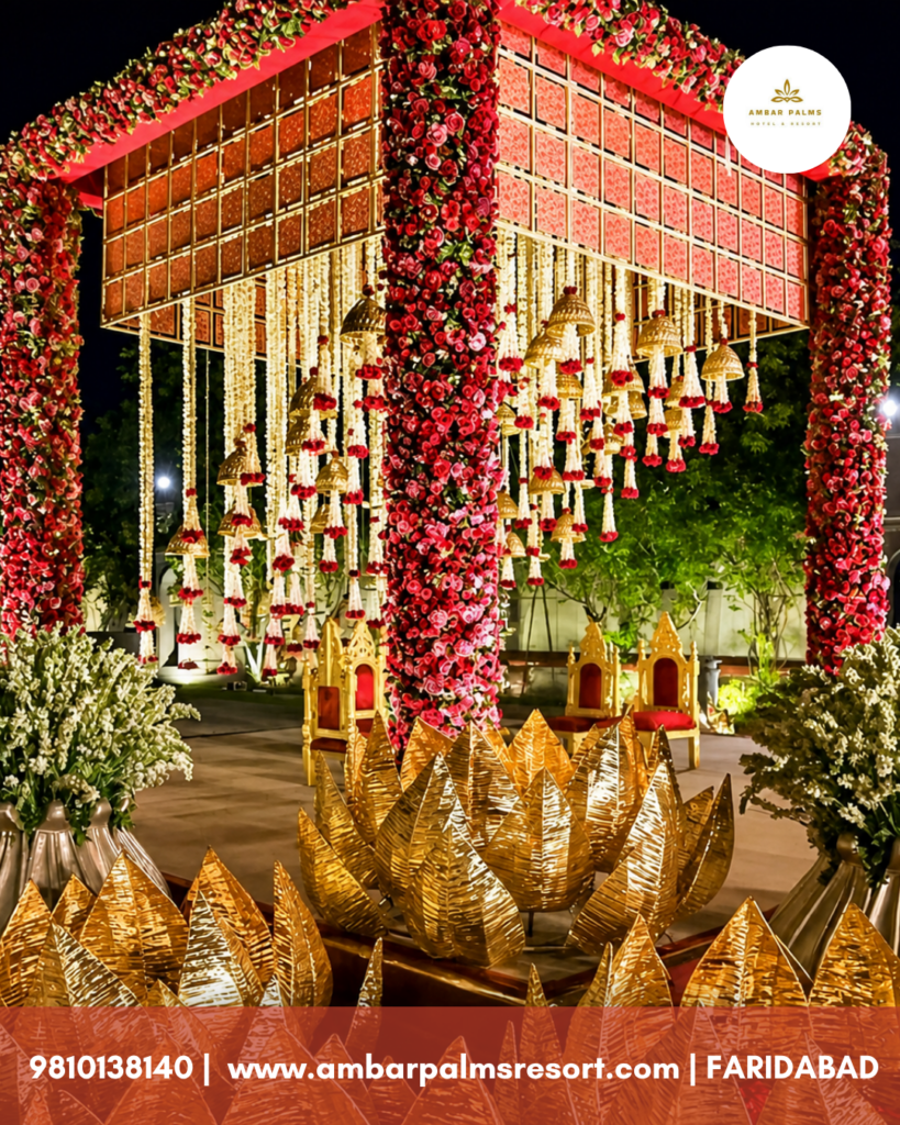 Luxury wedding venue in Faridabad with floral décor and stylish banquet hall setup