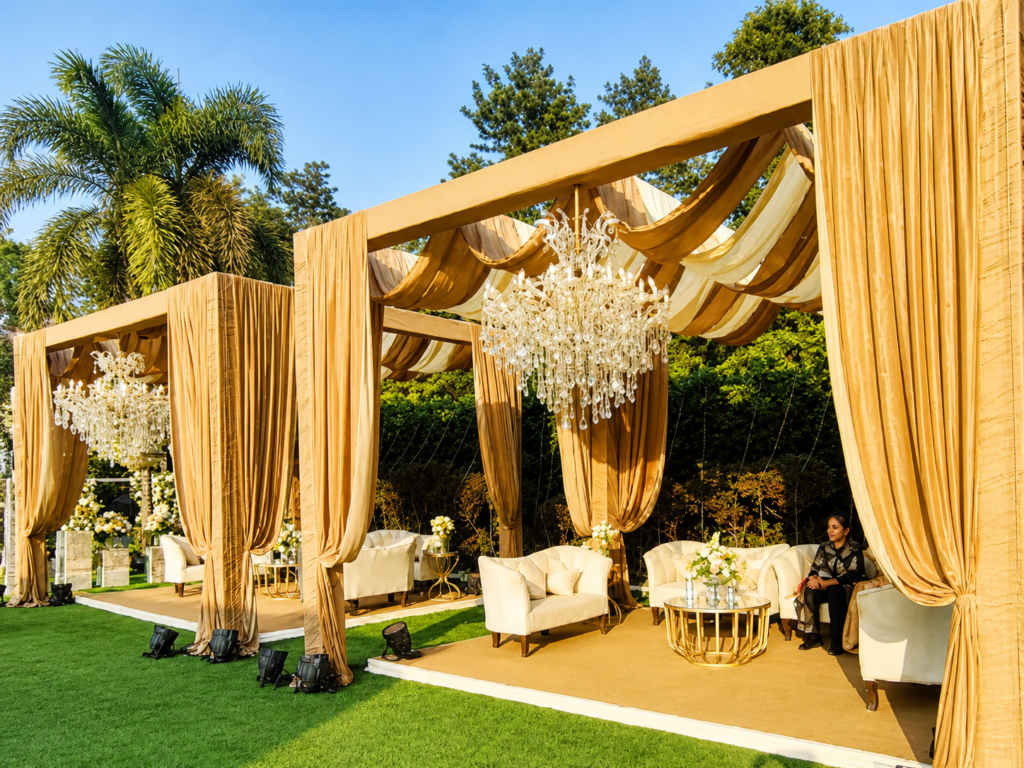 Luxury lawns near me in Faridabad with elegant outdoor event setup at Rigveda Palace
