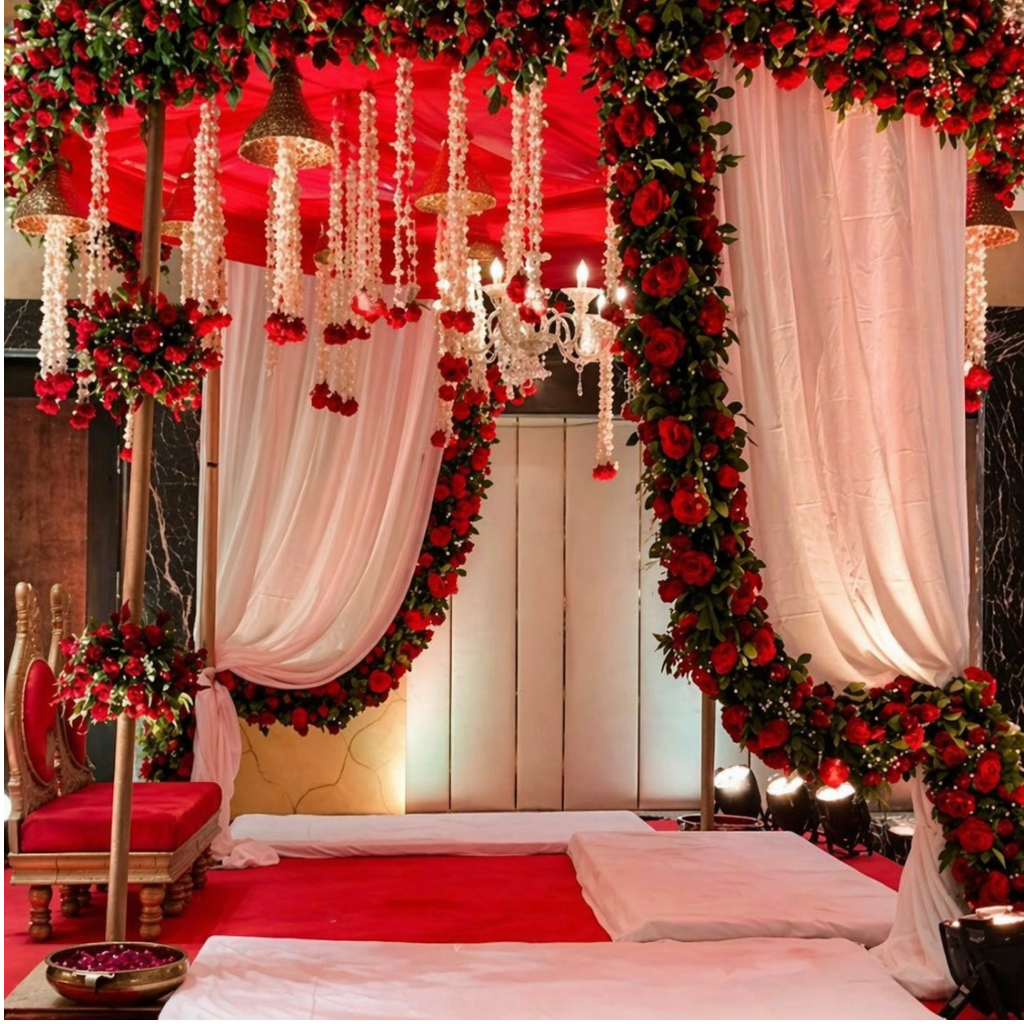 Luxury banquet hall in Faridabad with elegant décor and grand seating arrangement at Rigveda Palace