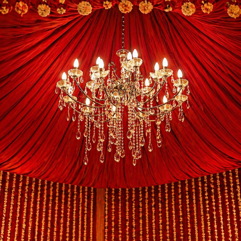 Luxury indoor convention hall near me in Gurgaon with stage decoration and premium ambience at Devam Greens Farmhouse
