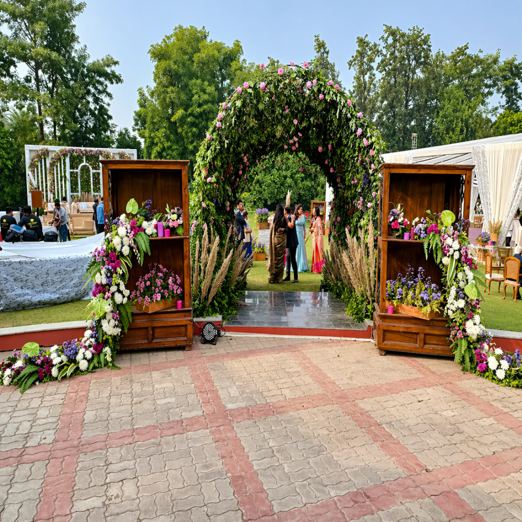 Luxury indoor function hall near me in Gurgaon with stage decoration and modern lighting at Devam Greens Farmhouse