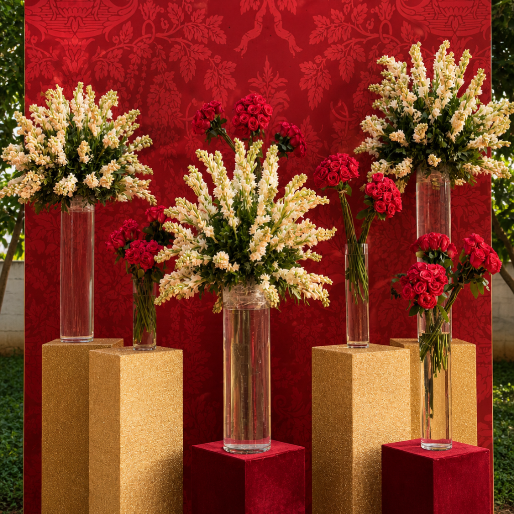 Luxury outdoor marriage garden near me in Gurgaon with floral stage decoration at Devam Greens Farmhouse