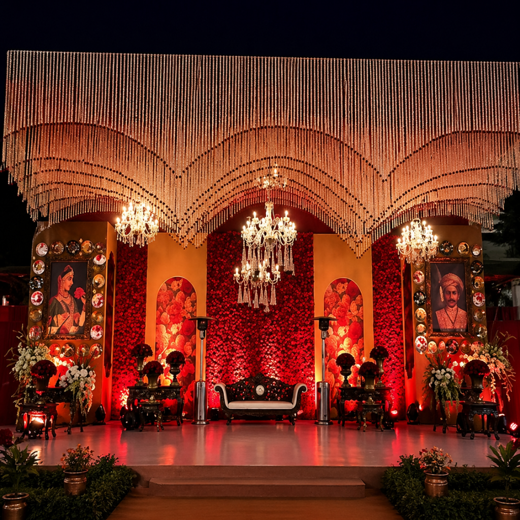Luxury wedding venues near me in Gurgaon with floral stage décor and premium lighting at Devam Greens Farmhouse