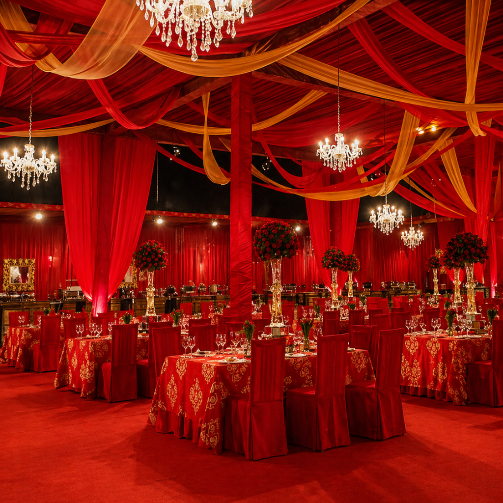 Luxury marriage garden near me in Gurgaon at Devam Greens Farmhouse with elegant wedding décor and lawn setup