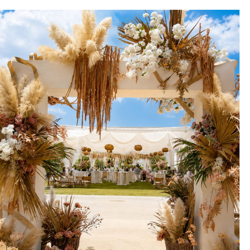 Beautiful wedding stage decoration inside luxury party hall at Rigveda Palace Farmhouse Faridabad