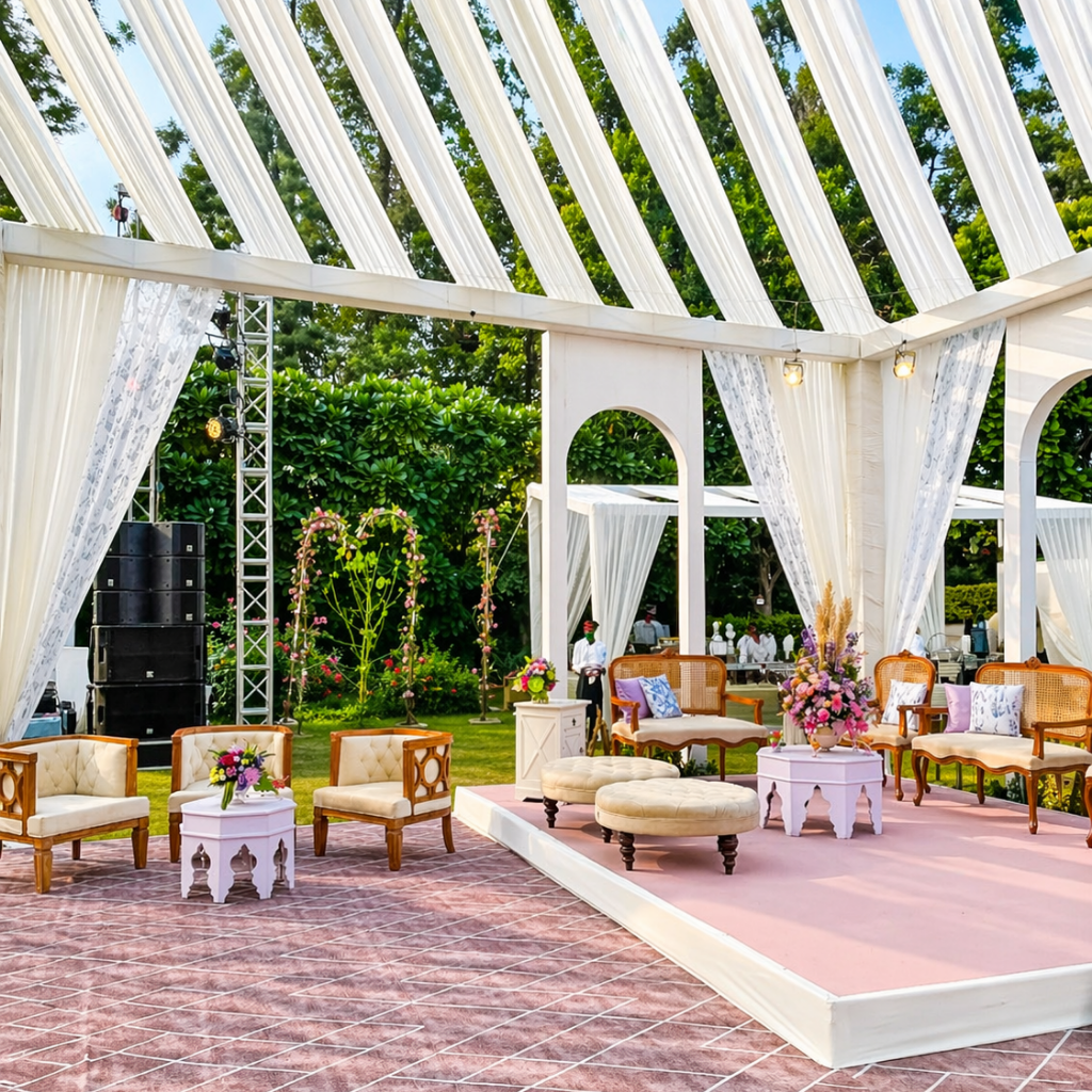 Luxury party hall near me in Gurgaon at Devam Greens Farmhouse with elegant décor and spacious event setup