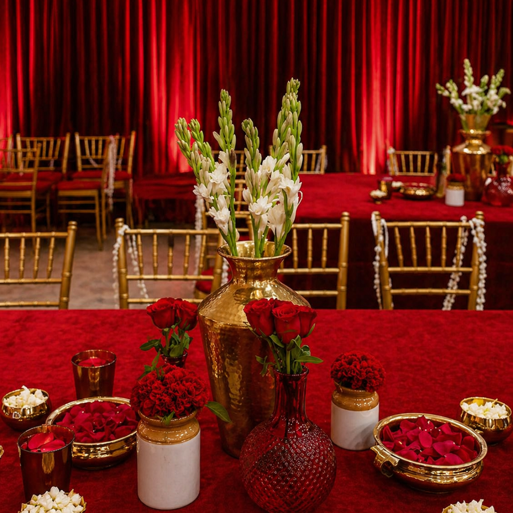 Luxury wedding venues near me in Gurgaon at Devam Greens Farmhouse with elegant décor and grand wedding setup